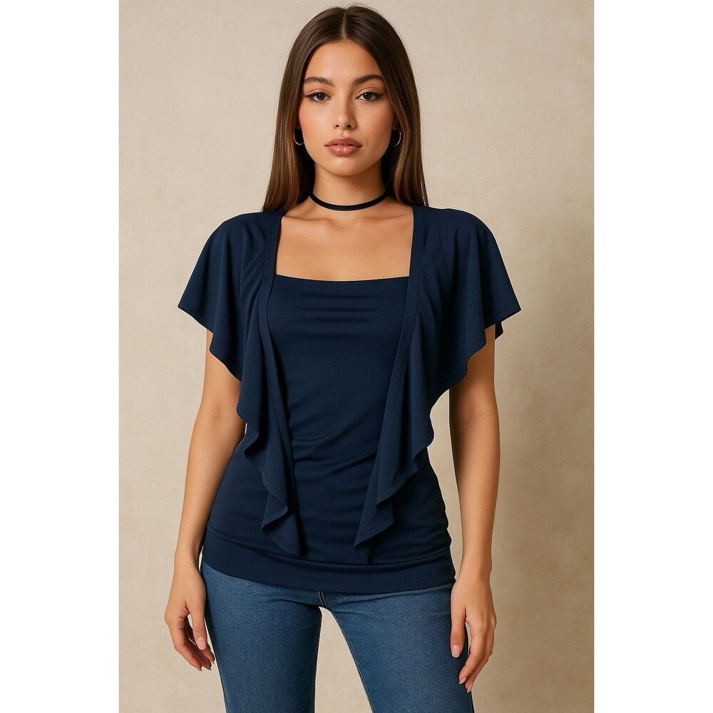 Women’s Navy Flutter Sleeve Drape Front Top Sz M Square Neck Stretchy Blouse Y2K
